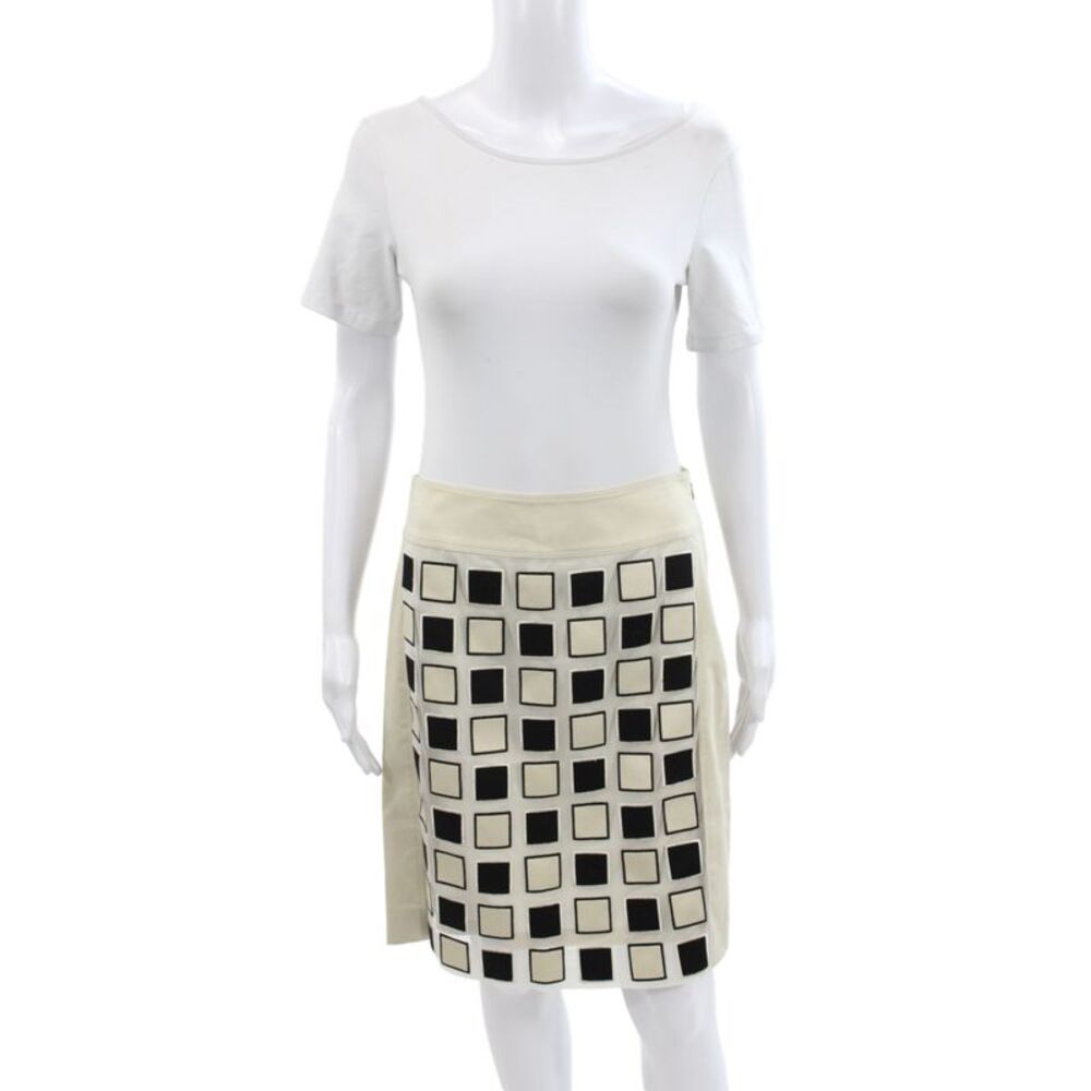 Per Se Women Beige Straight Pencil Skirt Geometric Cotton Knee Length Size 2